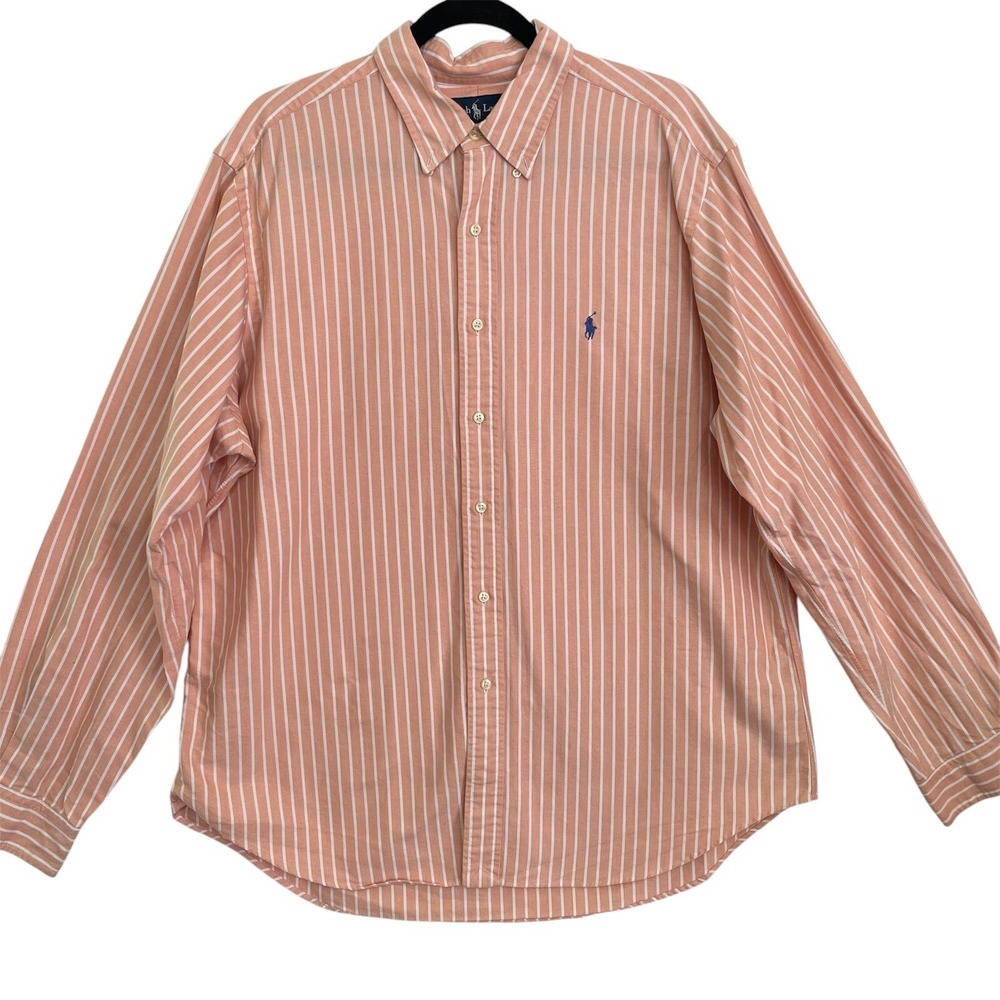 Ralph Lauren Striped Men Shirt Classic Fit Button Down Long Sleeve Size 17 Orang